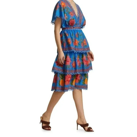 NWT Farm Rio Tropical Tapestry Blue Lace Layered Midi Summer Dress Size XS - Picture 6 of 11